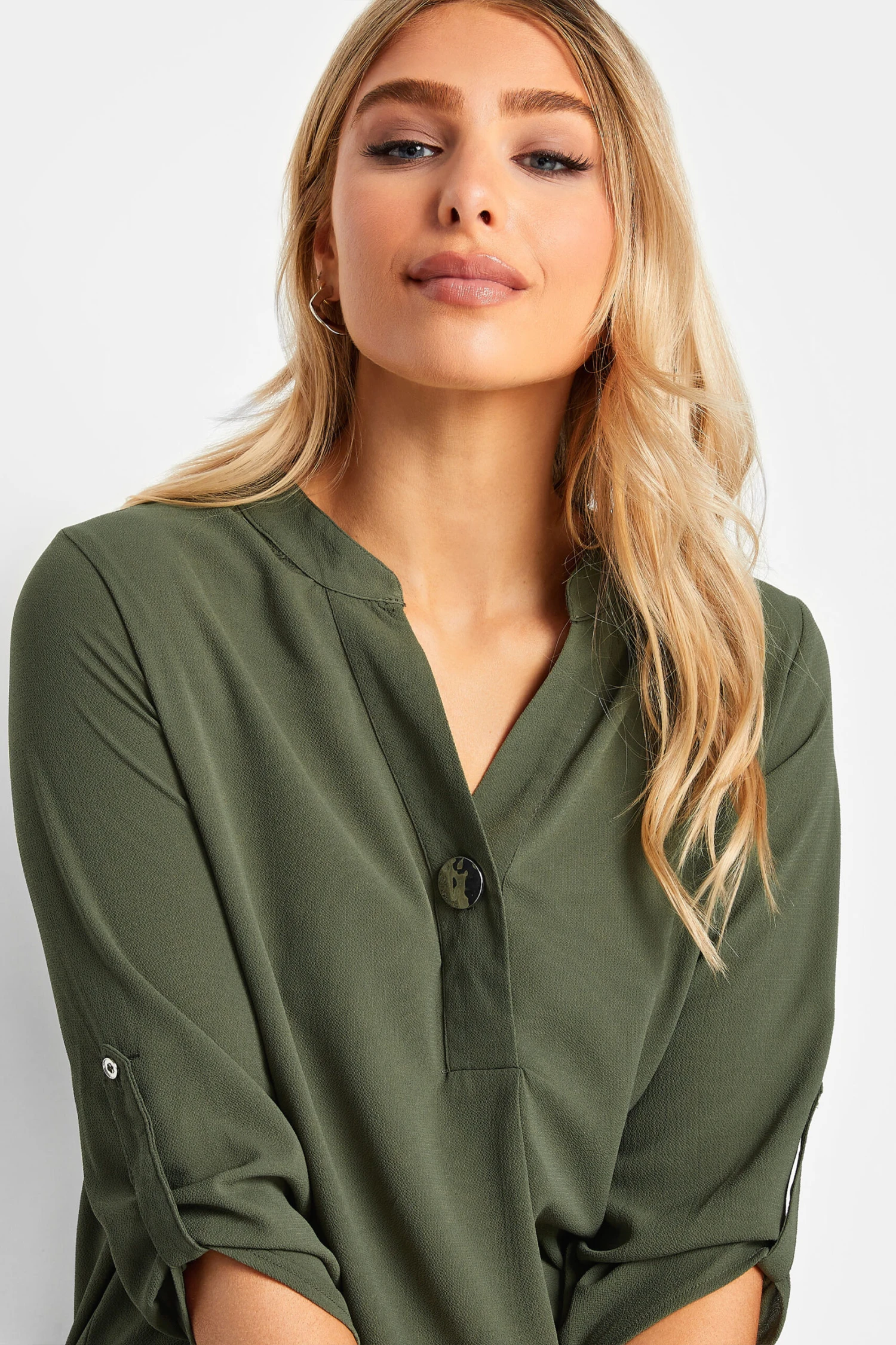 M&Co Khaki Green Statement Button Tab Sleeve Shirt 4 M&Co Khaki Green Statement Button Tab Sleeve Shirt - Image 4