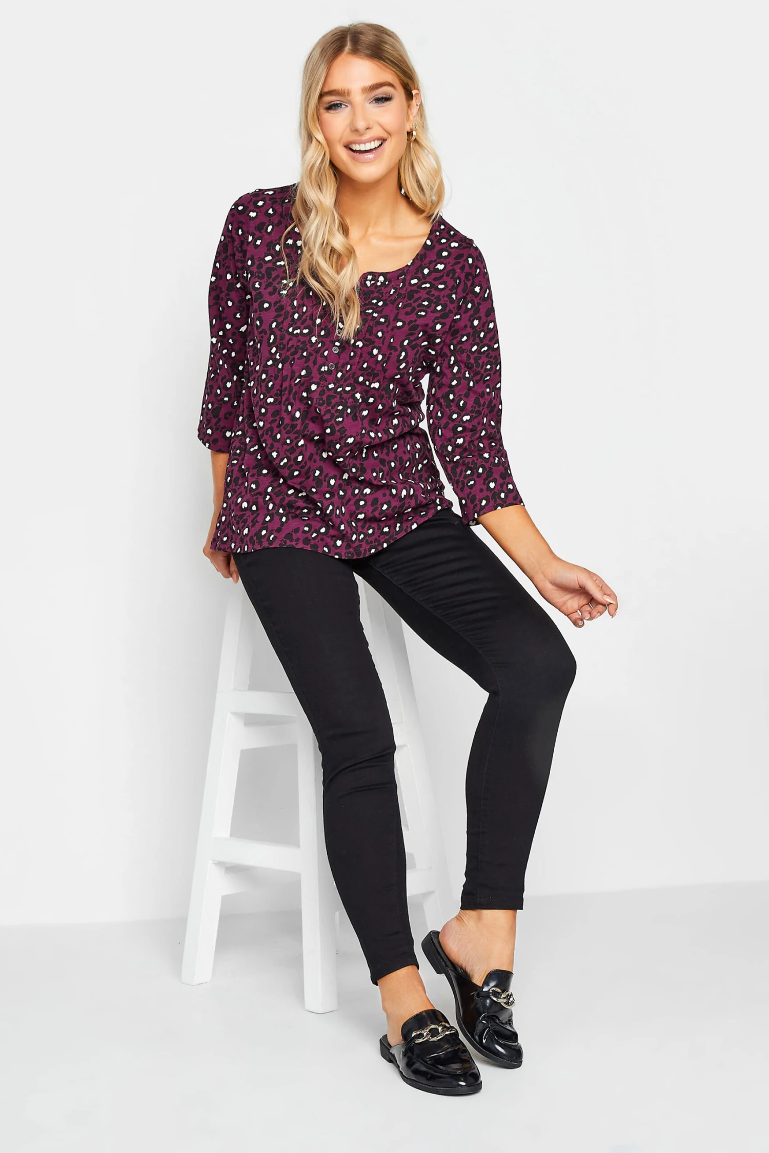 M&Co Berry Red Animal Print Cotton Henley Top 2 M&Co Berry Red Animal Print Cotton Henley Top - Image 2