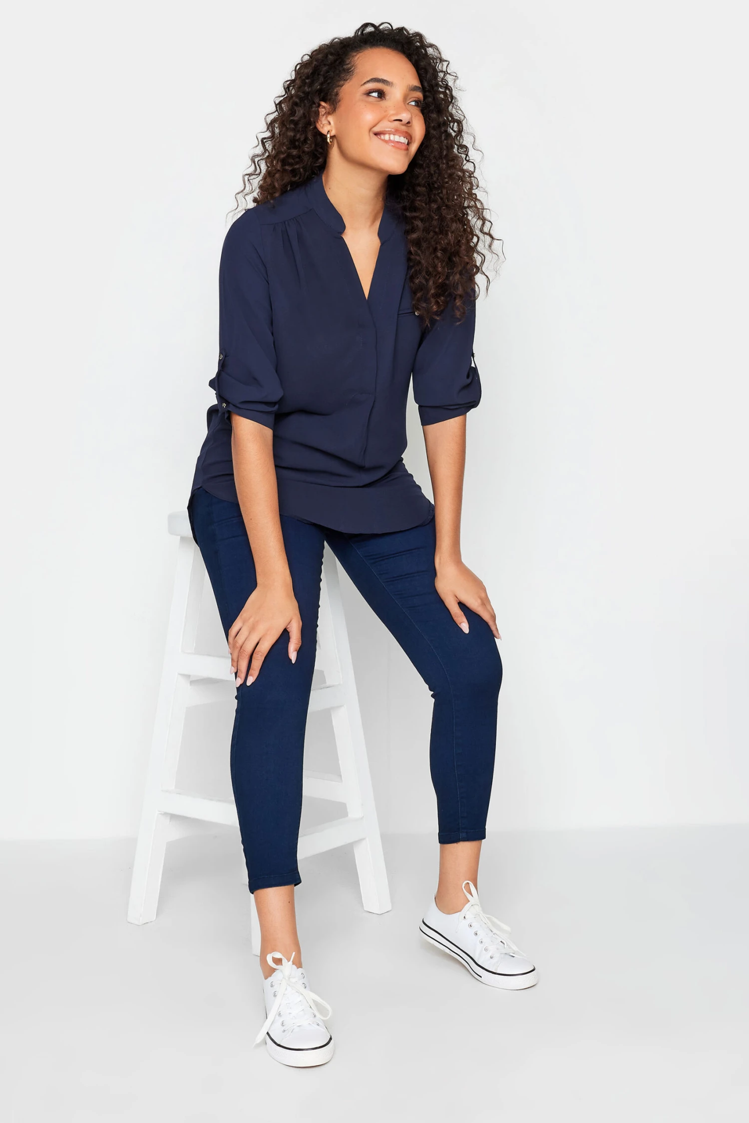 M&Co Navy Blue Tab Sleeve Blouse 2 M&Co Navy Blue Tab Sleeve Blouse - Image 2