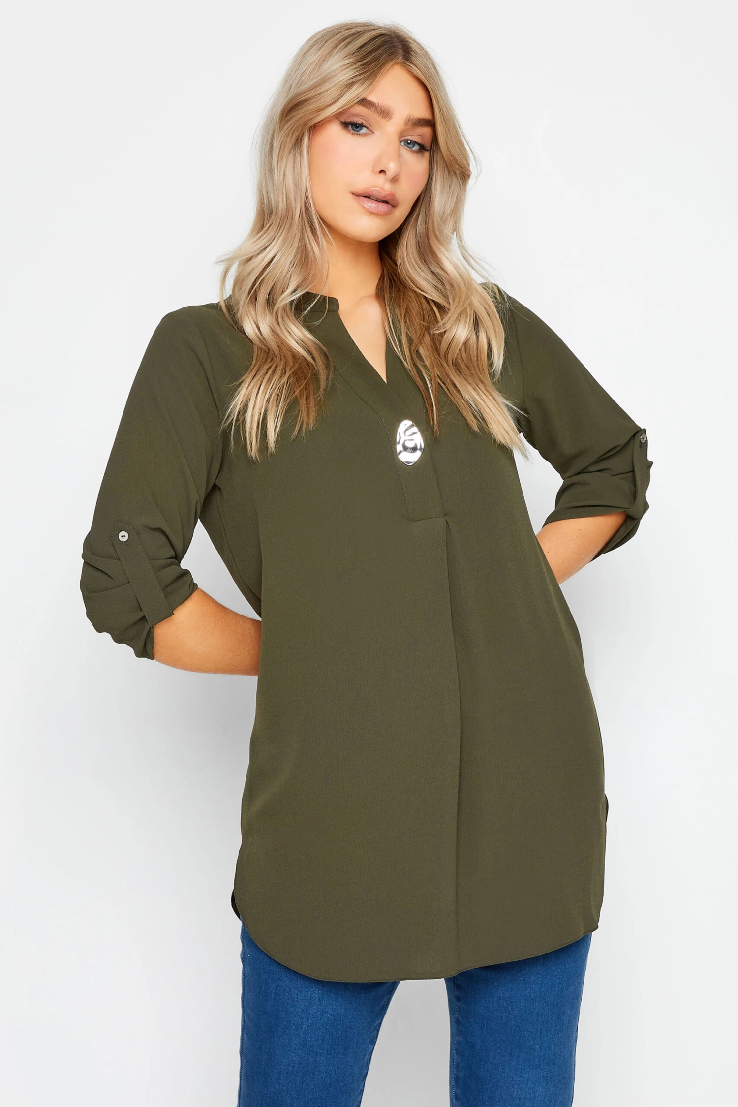 M&Co Dark Green Statement Button Tab Sleeve Shirt 1 M&Co Dark Green Statement Button Tab Sleeve Shirt