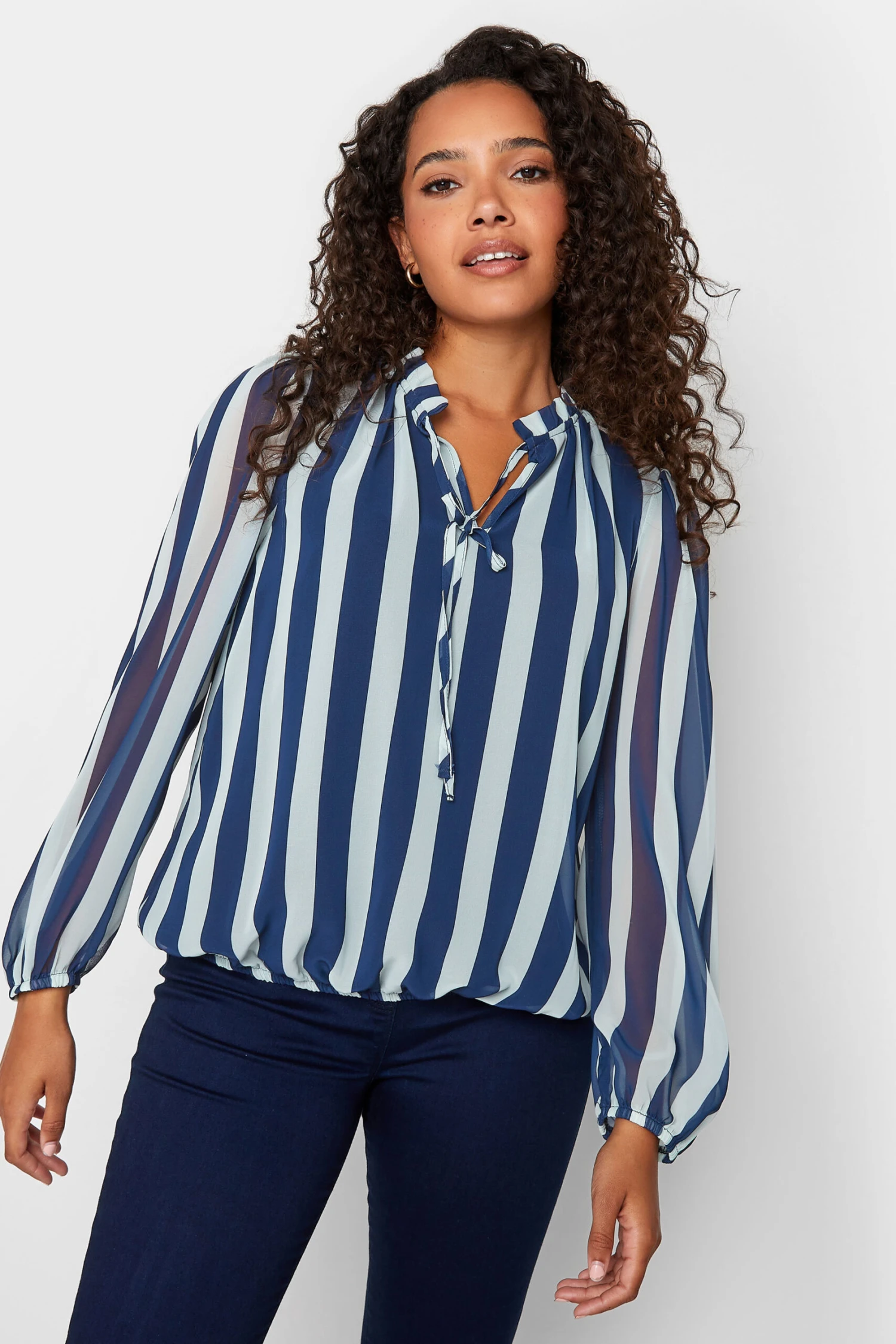 M&Co Navy Blue Stripe Tie Neck Blouse 1 M&Co Navy Blue Stripe Tie Neck Blouse