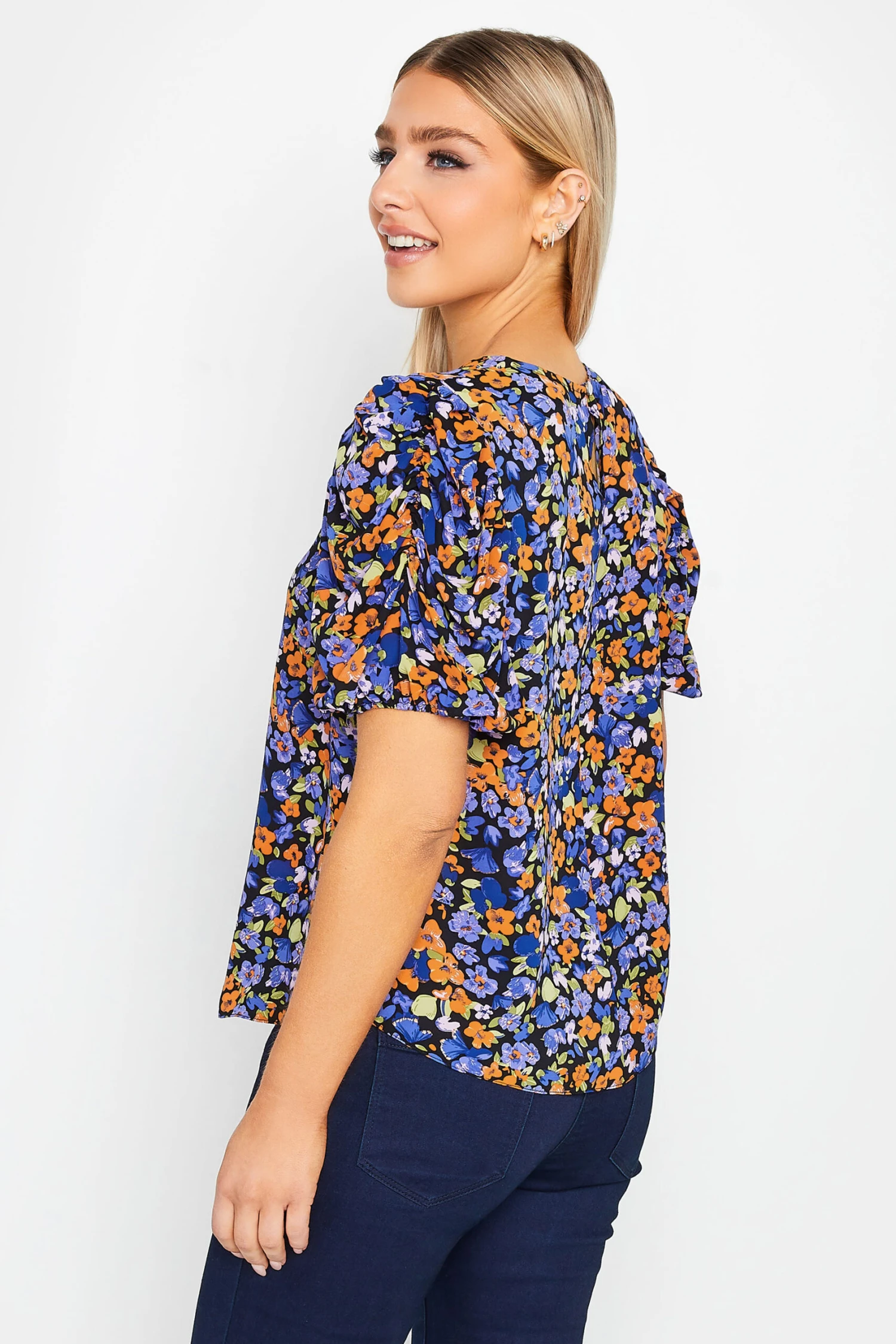 M&Co Black & Orange Floral Print Puff Sleeve Blouse 3 M&Co Black & Orange Floral Print Puff Sleeve Blouse - Image 3
