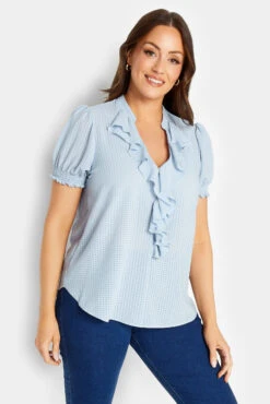 M&Co Blue Gingham Frill Front Blouse