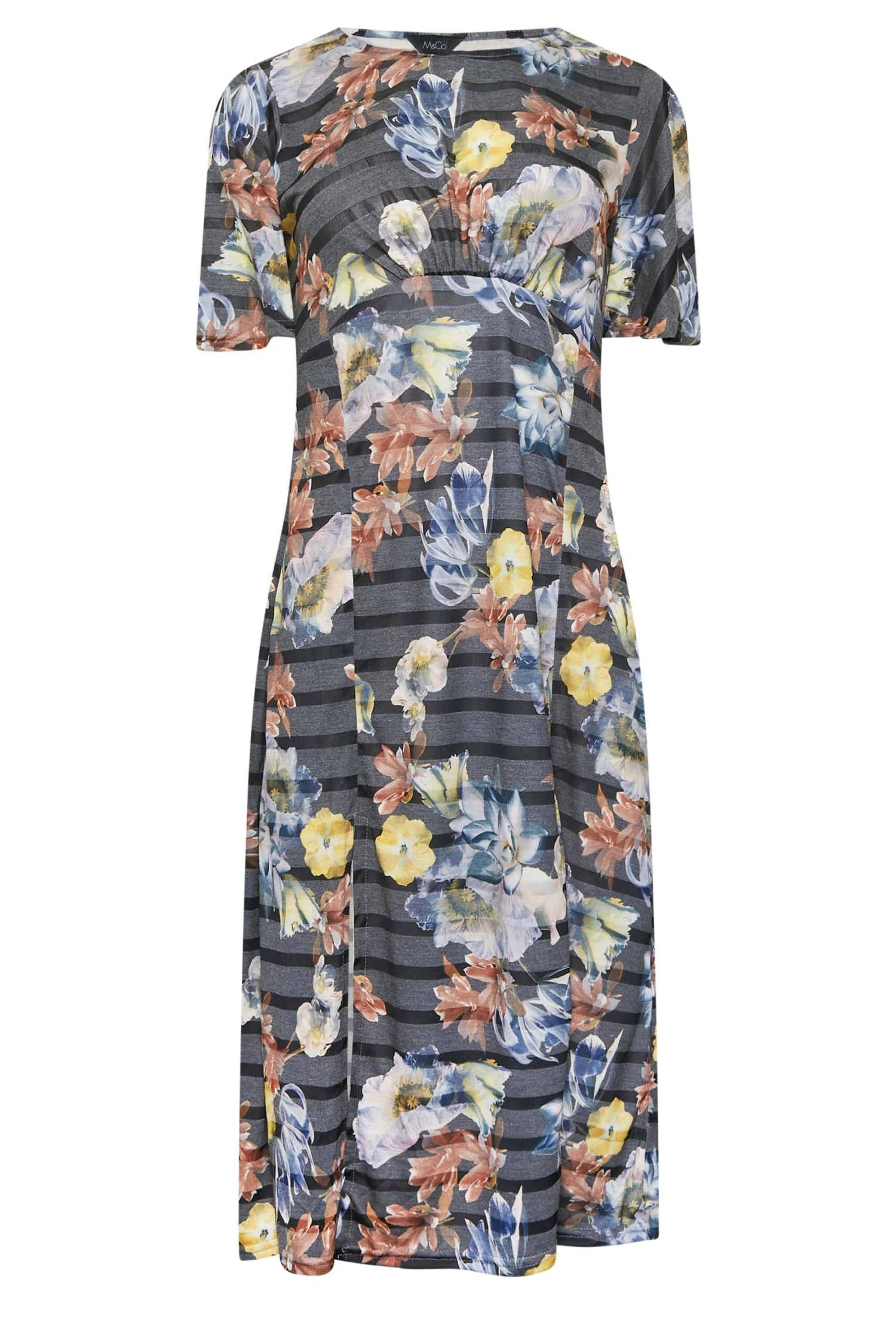 M&Co Grey Floral Stripe Angel Sleeve Split Hem Midi Dress 6 M&Co Grey Floral Stripe Angel Sleeve Split Hem Midi Dress - Image 6