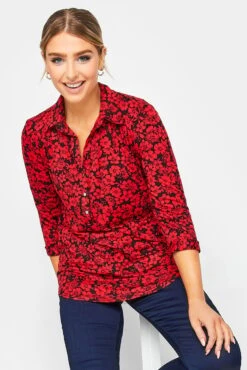 M&Co Red Floral Half Placket Jersey Shirt