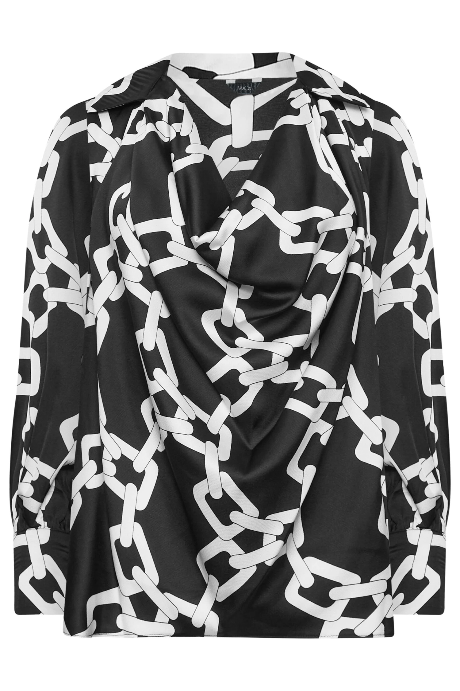 M&Co Black Chain Print Cowl Neck Satin Blouse 6 M&Co Black Chain Print Cowl Neck Satin Blouse - Image 6
