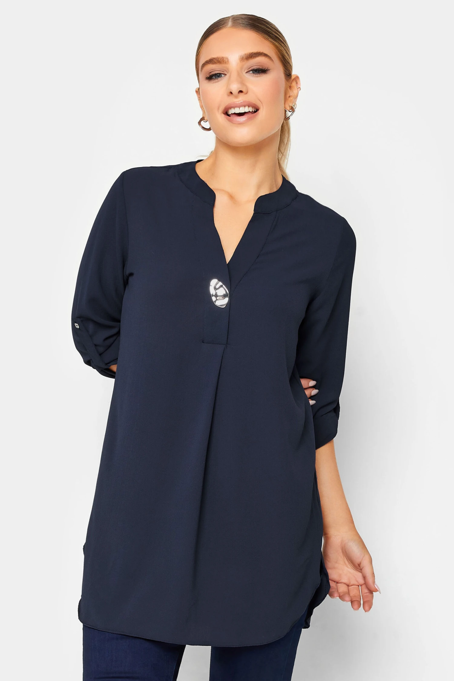 M&Co Navy Blue Long Sleeve Button Blouse 1 M&Co Navy Blue Long Sleeve Button Blouse