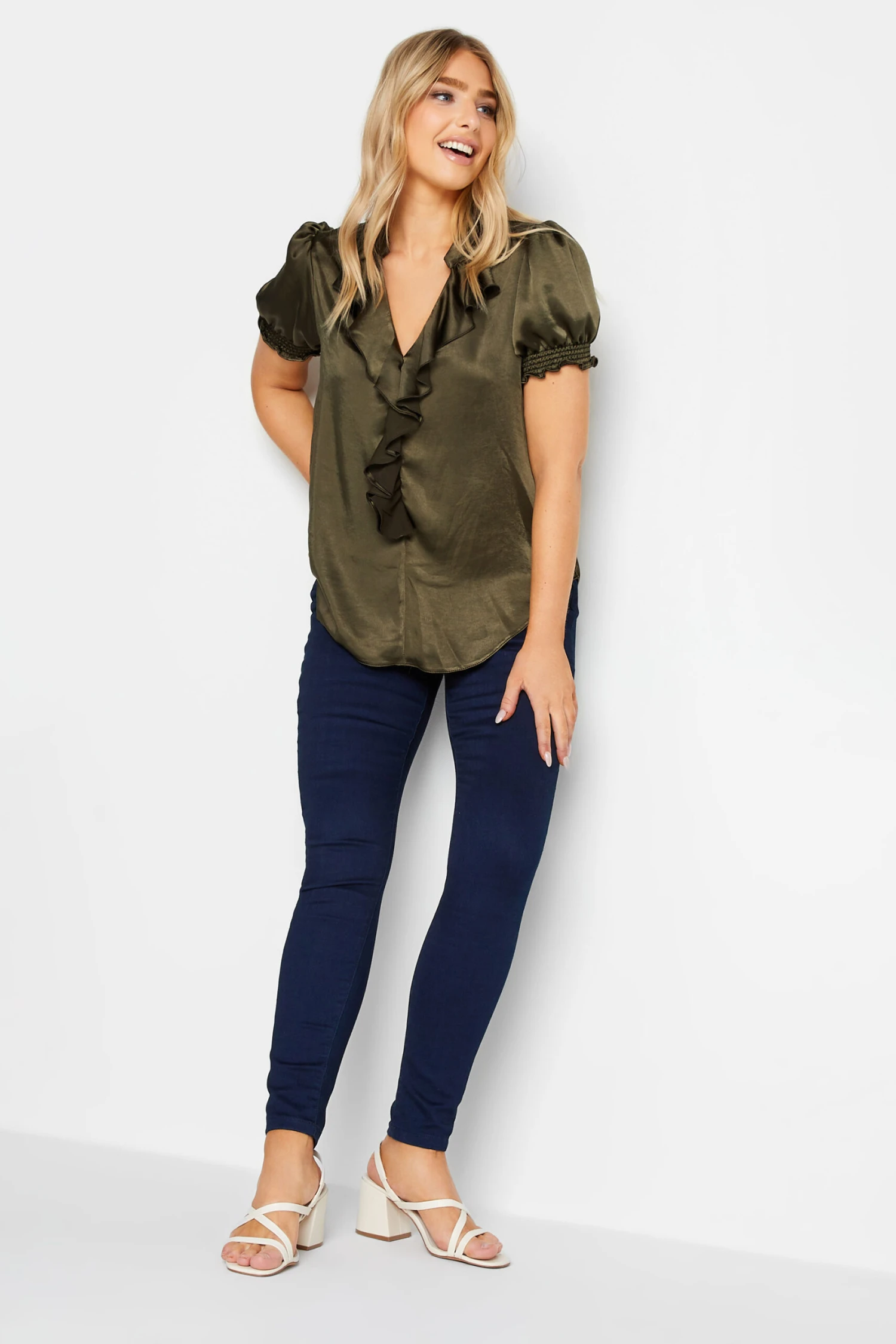 M&Co Khaki Green Frill Satin Blouse 2 M&Co Khaki Green Frill Satin Blouse - Image 2