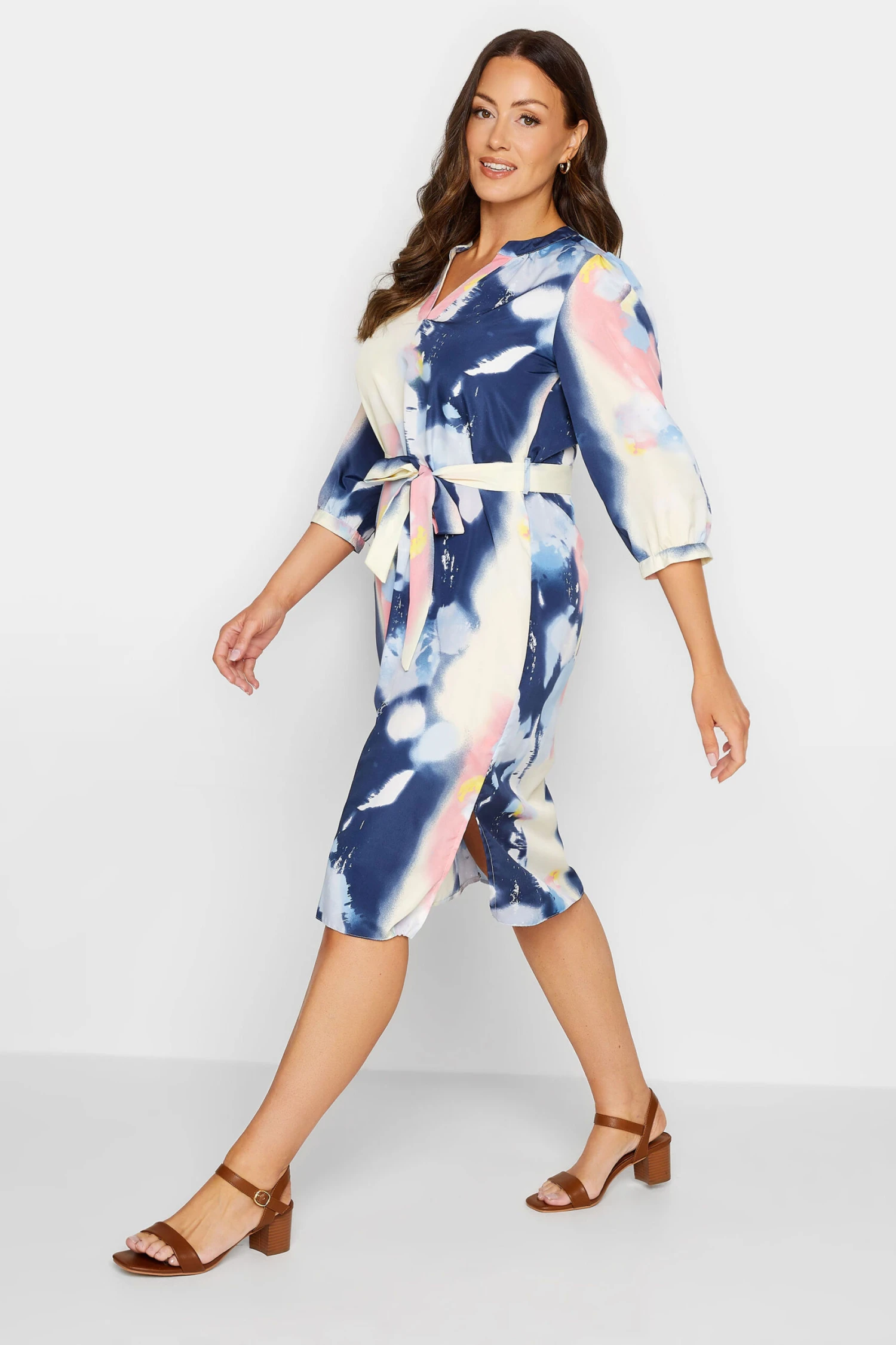 M&Co Blue Abstract Print Tie Waist Tunic Dress 2 M&Co Blue Abstract Print Tie Waist Tunic Dress - Image 2