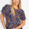 M&Co Black & Orange Floral Print Puff Sleeve Blouse
