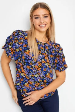 M&Co Black & Orange Floral Print Puff Sleeve Blouse