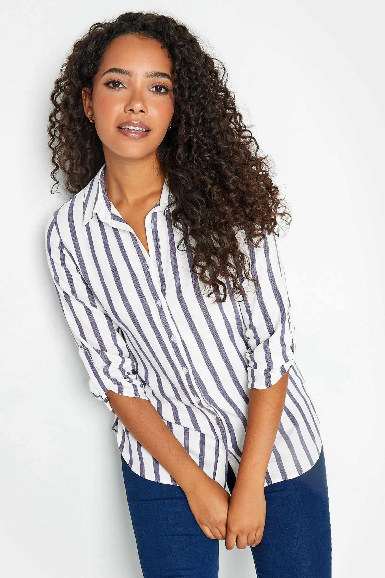 M&Co White Stripe Tab Sleeve Shirt 1 M&Co White Stripe Tab Sleeve Shirt