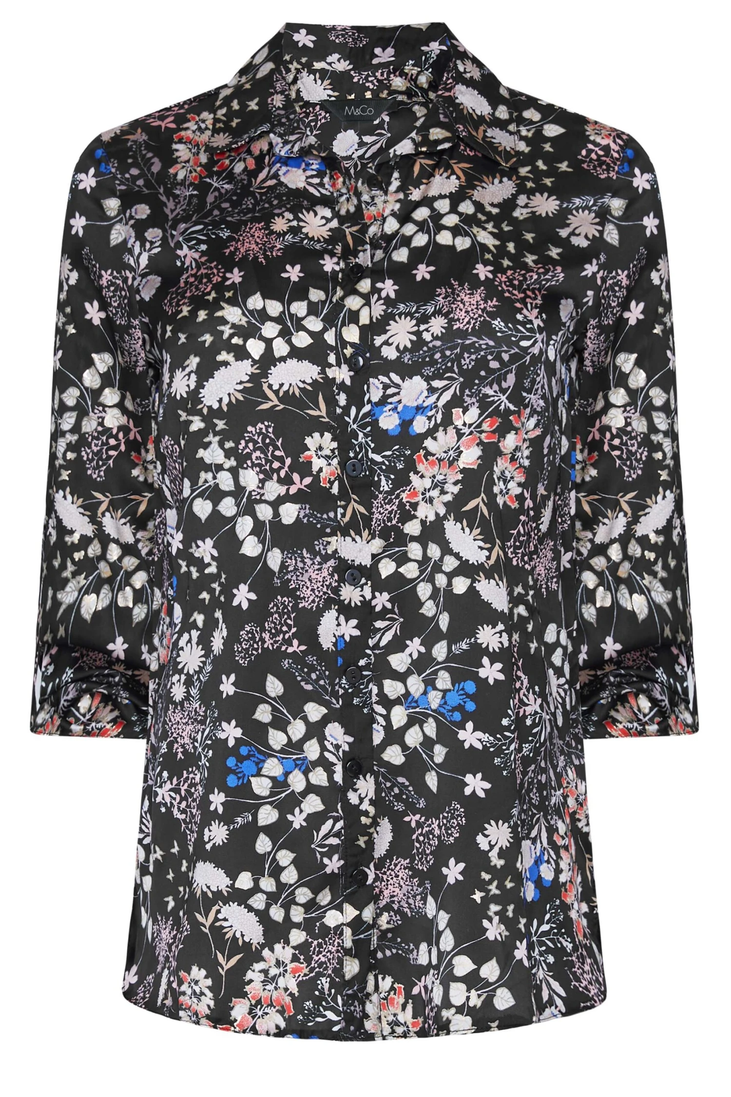 M&Co Black Floral Print Satin Shirt 6 M&Co Black Floral Print Satin Shirt - Image 6