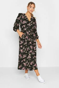 M&Co Black & Pink Floral Print Wrap Front Dress