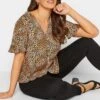 M&Co Brown Animal Print Frill Sleeve Button Through Blouse
