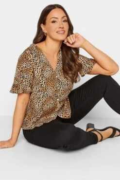 M&Co Brown Animal Print Frill Sleeve Button Through Blouse
