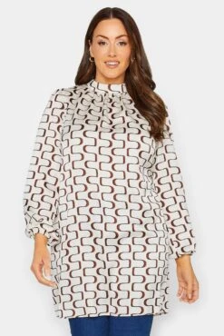M&Co White Ivory Geometric Print High Neck Tunic Blouse