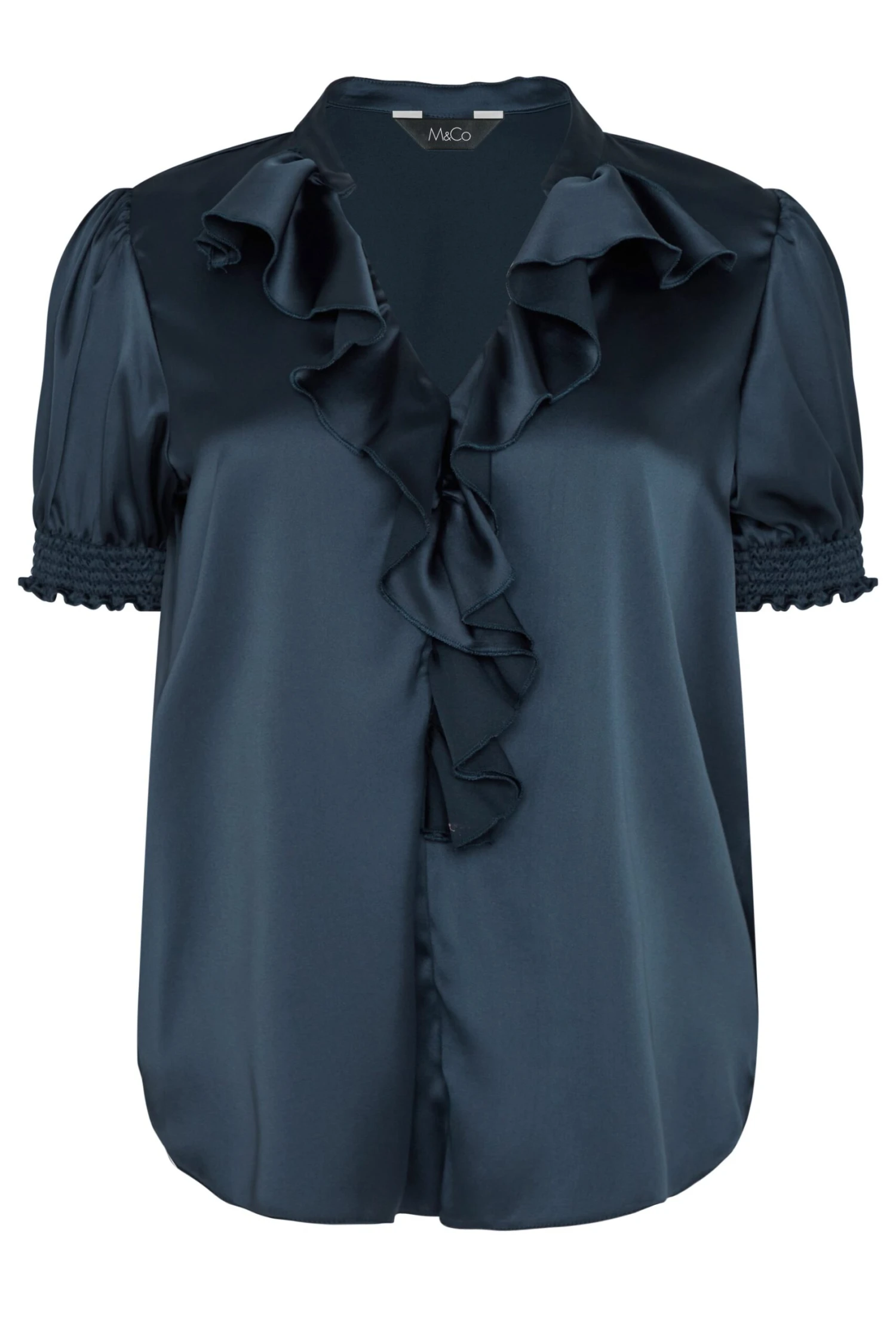 M&Co Navy Blue Frill Front Satin Blouse 6 M&Co Navy Blue Frill Front Satin Blouse - Image 6