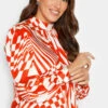 M&Co Red & White Abstract Print High Neck Satin Blouse