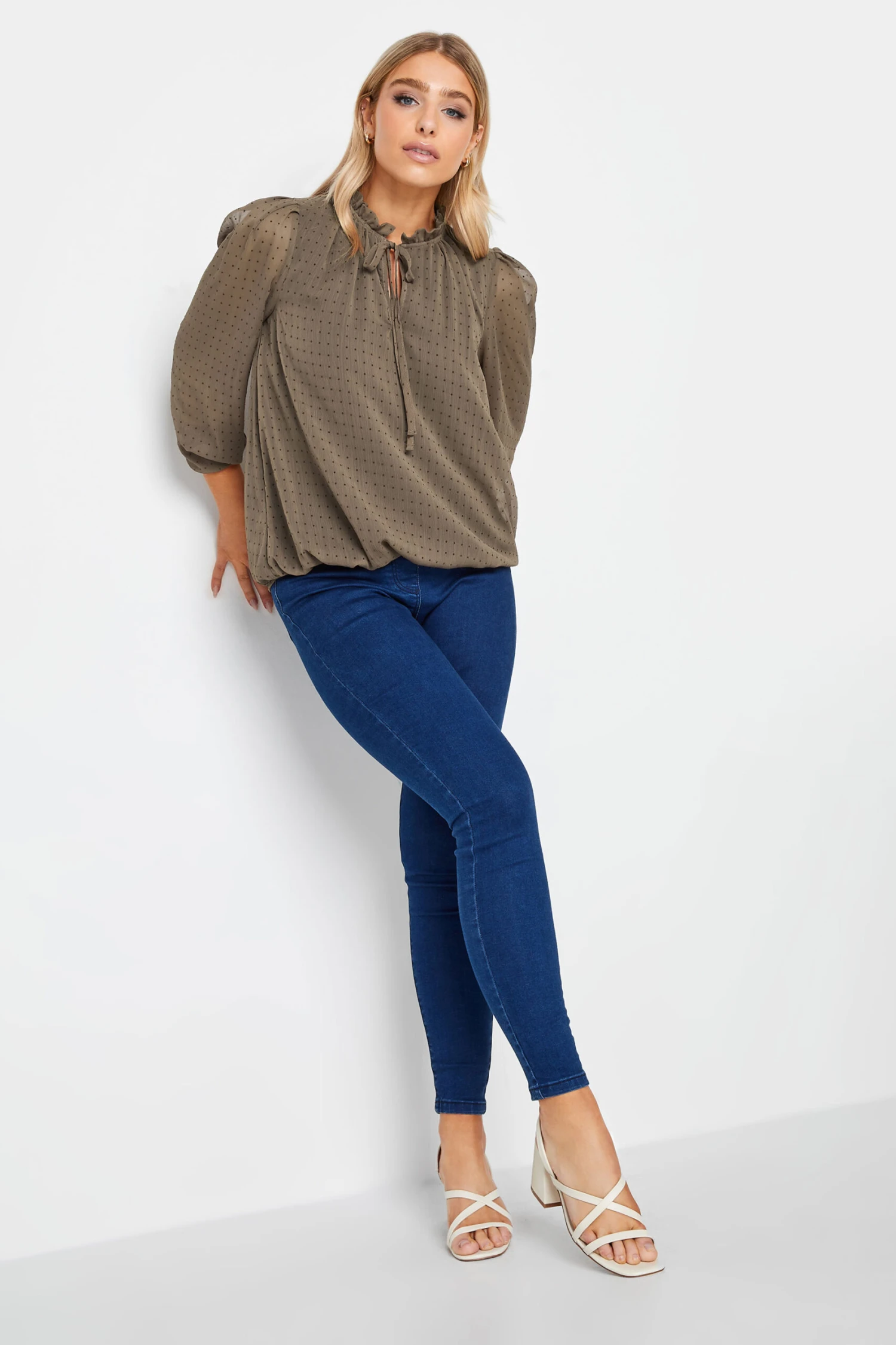 M&Co Brown Dobby Tie Neck Blouse 2 M&Co Brown Dobby Tie Neck Blouse - Image 2