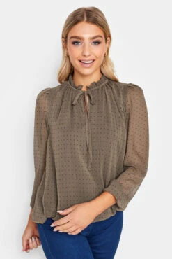M&Co Brown Dobby Tie Neck Blouse