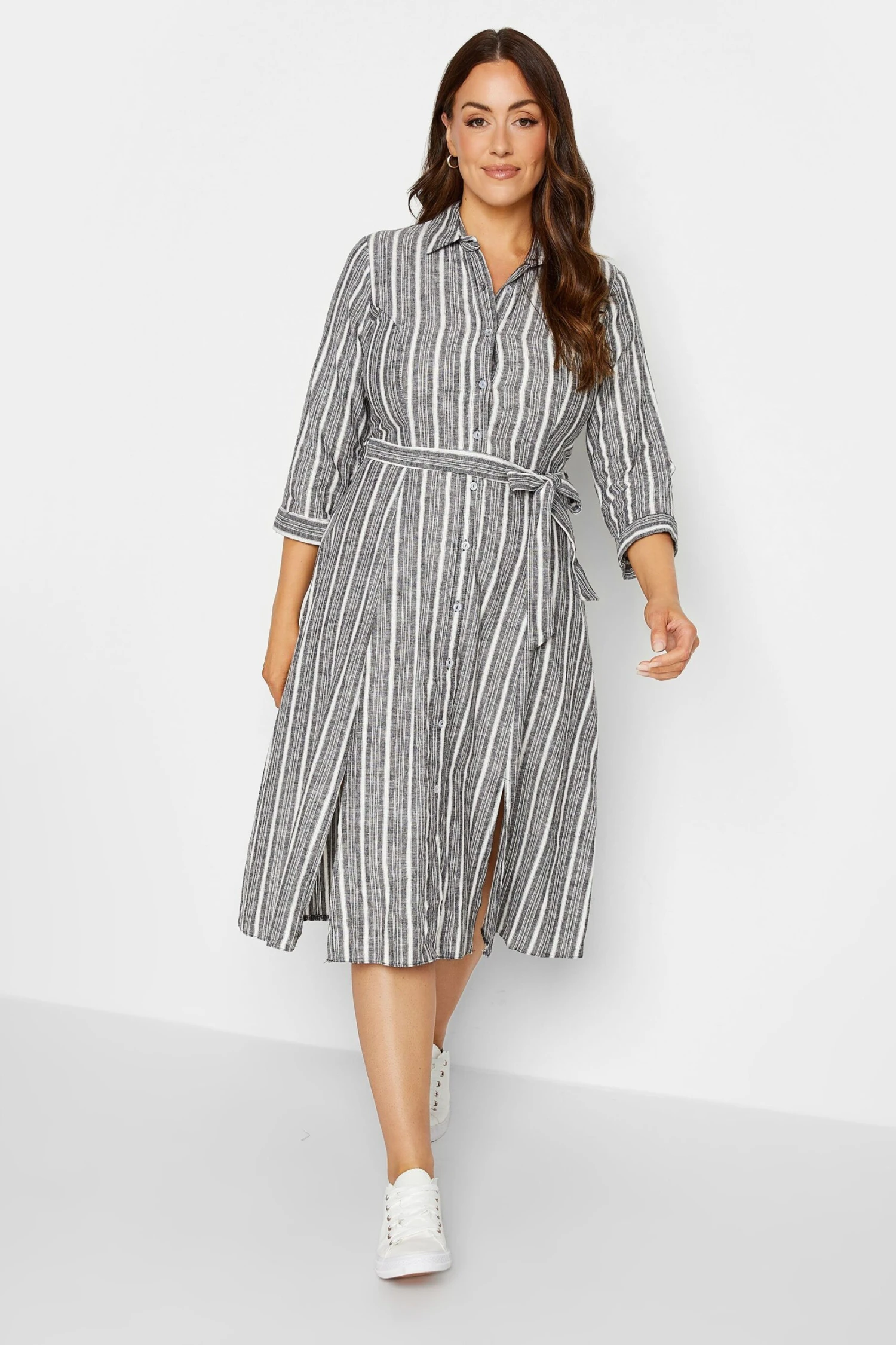 M&Co Grey Stripe Button Through Tie Waist Cotton Dress 1 M&Co Grey Stripe Button Through Tie Waist Cotton Dress