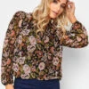 M&Co Black Floral Print High Neck Blouse