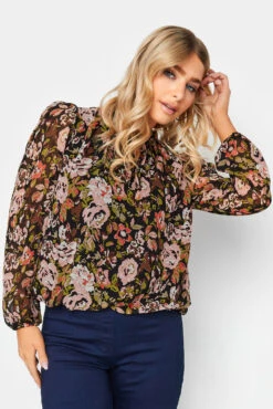M&Co Black Floral Print High Neck Blouse