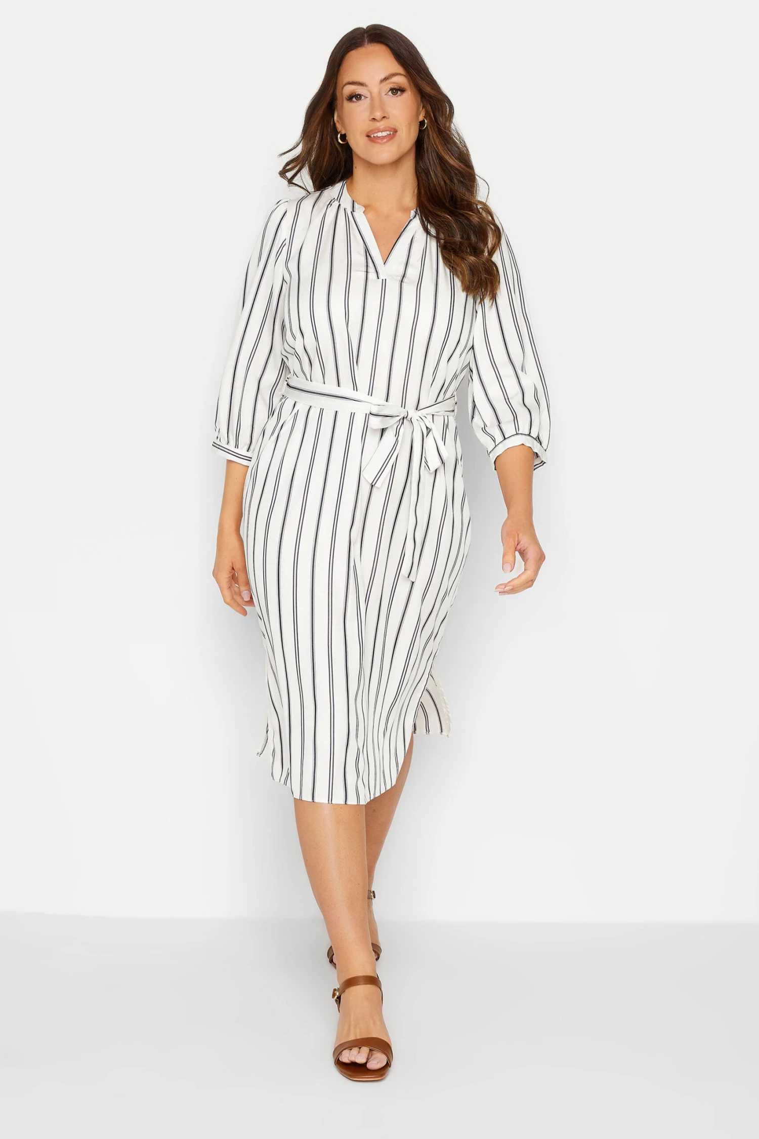 M&Co White Stripe Print Tie Waist Tunic Dress 1 M&Co White Stripe Print Tie Waist Tunic Dress