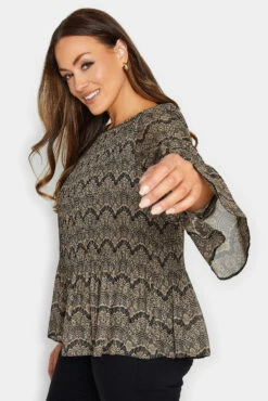 M&Co Brown Long Sleeve Lace Print Pleat Top