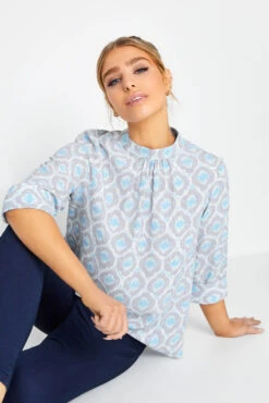 M&Co Blue Geometric Print High Neck Blouse