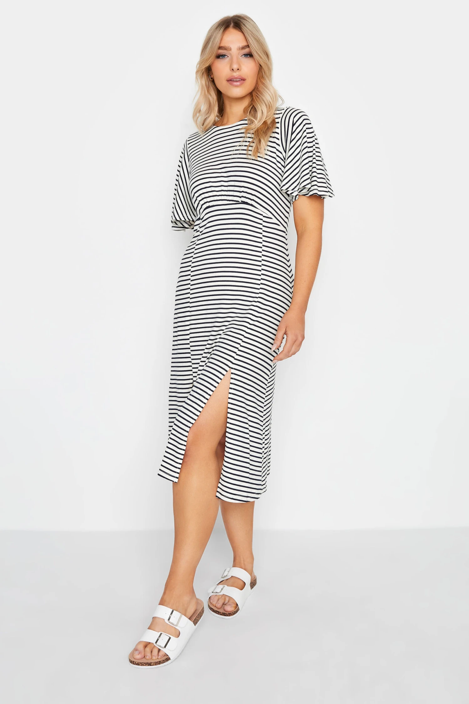 M&Co White Stripe Print Angel Sleeve Split Hem Midi Dress 2 M&Co White Stripe Print Angel Sleeve Split Hem Midi Dress - Image 2