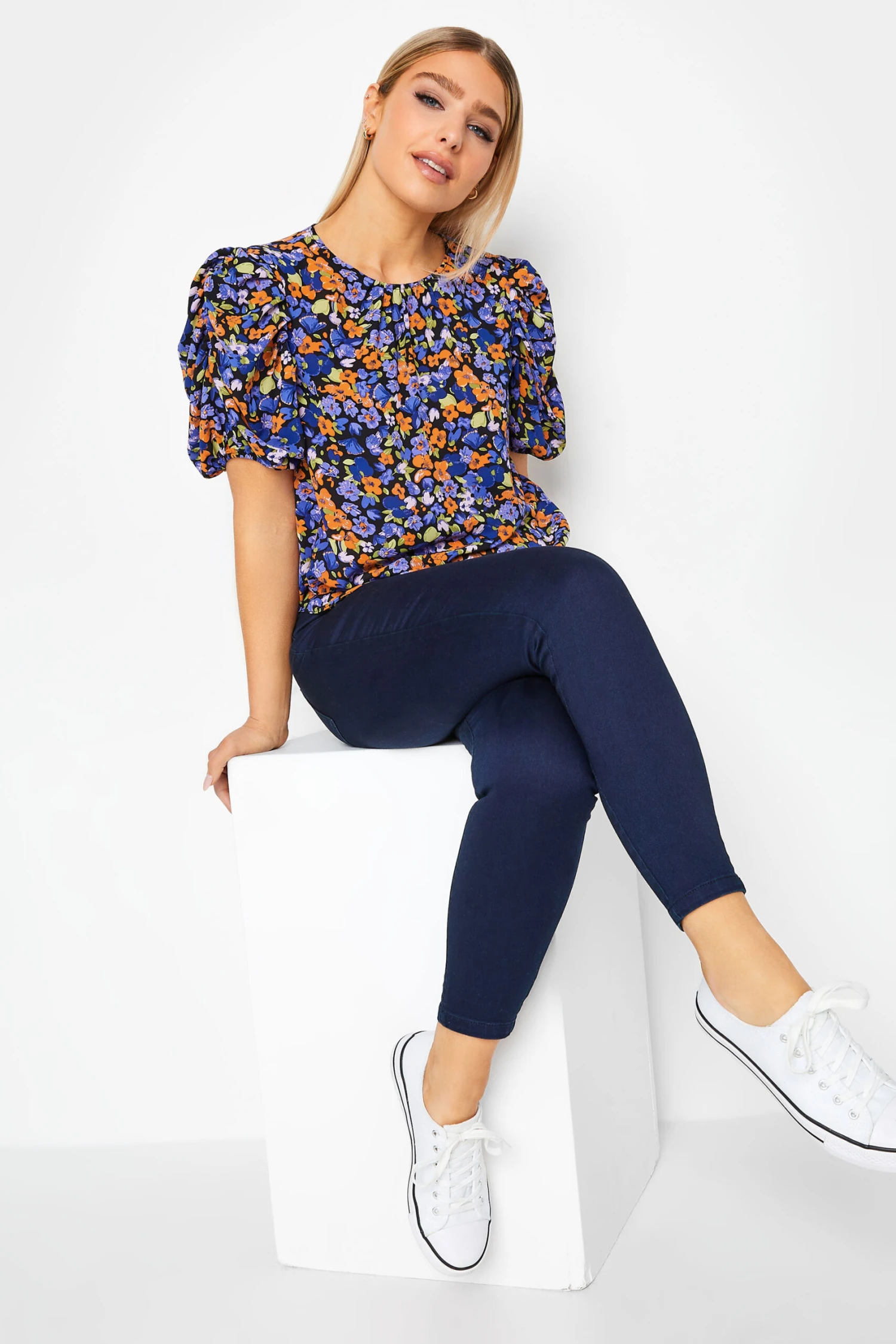 M&Co Black & Orange Floral Print Puff Sleeve Blouse 2 M&Co Black & Orange Floral Print Puff Sleeve Blouse - Image 2