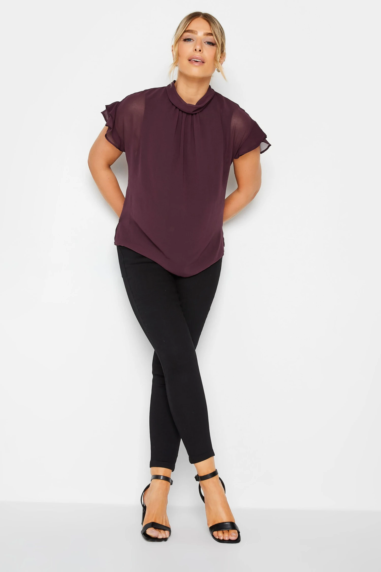 M&Co Dark Purple High Neck Frill Sleeve Blouse 2 M&Co Dark Purple High Neck Frill Sleeve Blouse - Image 2