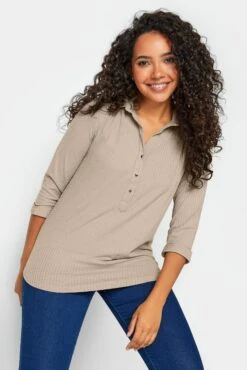 M&Co Beige Brown Ribbed V-Neck Shirt