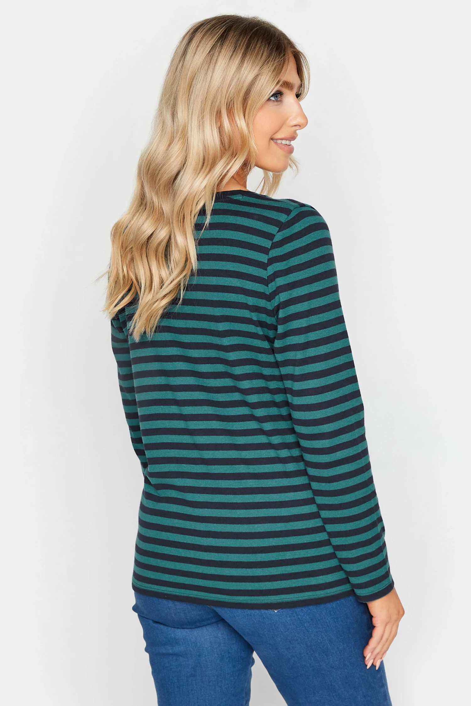 M&Co Teal Blue Stripe V-Neck Long Sleeve Cotton T-Shirt 3 M&Co Teal Blue Stripe V-Neck Long Sleeve Cotton T-Shirt - Image 3