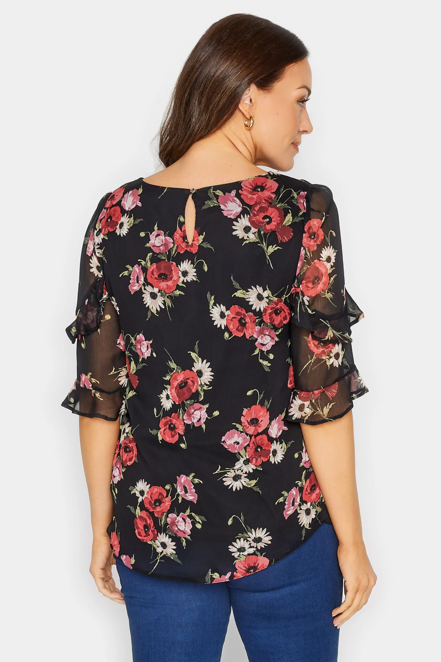 M&Co Black & Red Floral Double Frill Sleeve Blouse 4 M&Co Black & Red Floral Double Frill Sleeve Blouse - Image 4