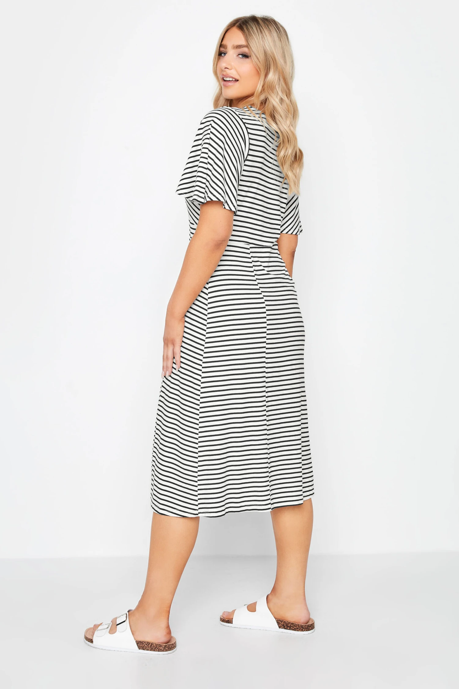 M&Co White Stripe Print Angel Sleeve Split Hem Midi Dress 4 M&Co White Stripe Print Angel Sleeve Split Hem Midi Dress - Image 4