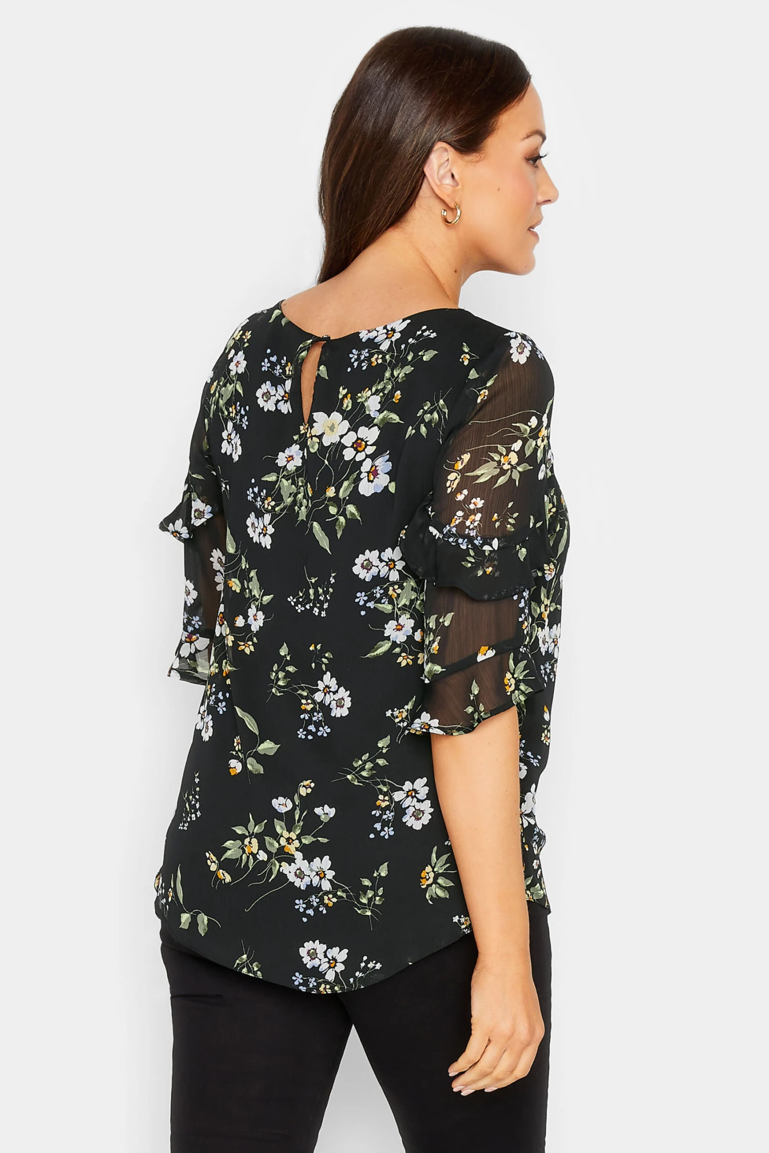 M&Co Black & White Floral Double Frill Sleeve Blouse 3 M&Co Black & White Floral Double Frill Sleeve Blouse - Image 3