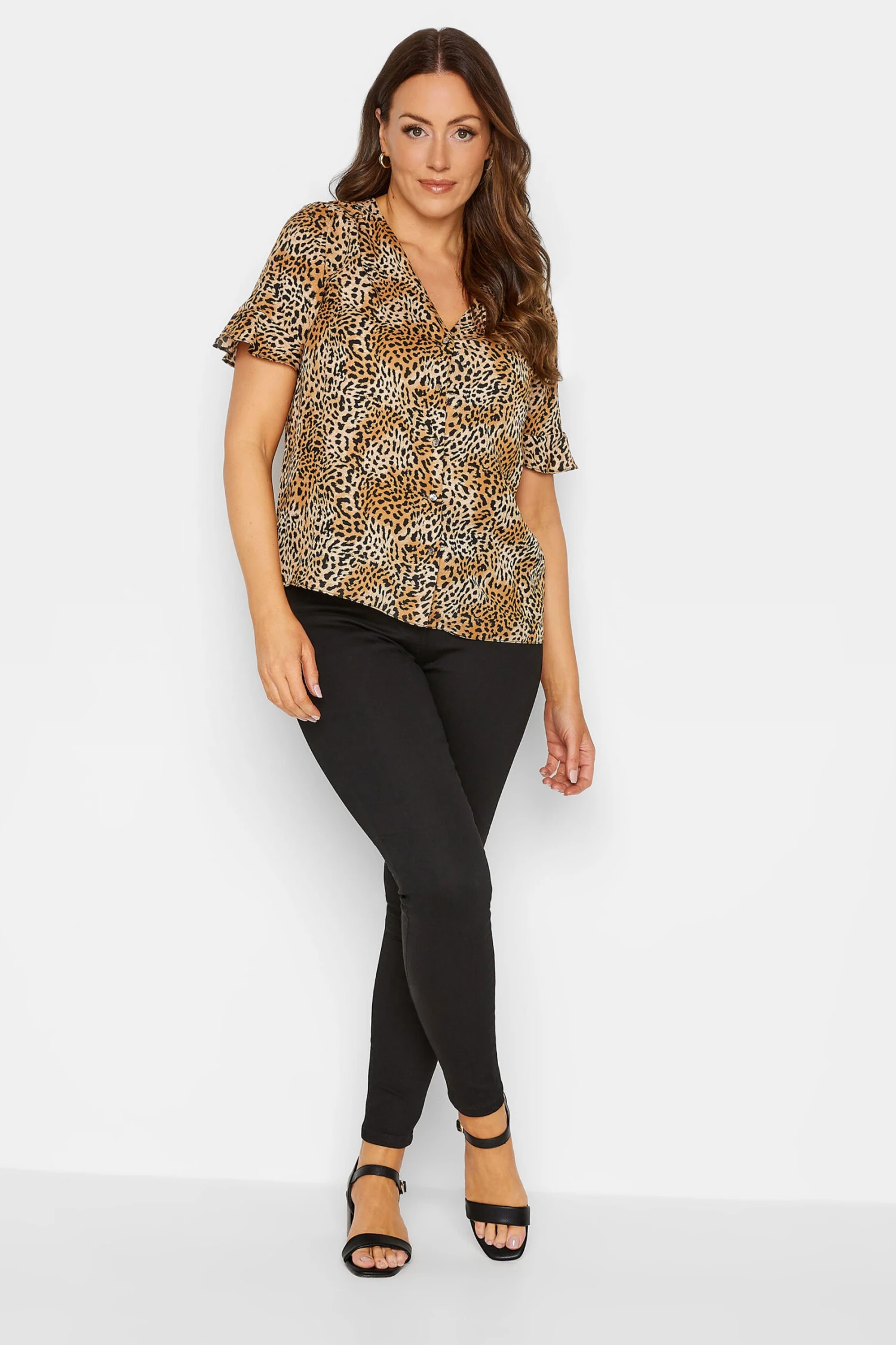 M&Co Brown Animal Print Frill Sleeve Button Through Blouse 2 M&Co Brown Animal Print Frill Sleeve Button Through Blouse - Image 2