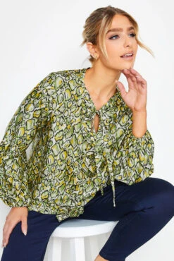 M&Co Green Snake Print Tie Neck Blouse