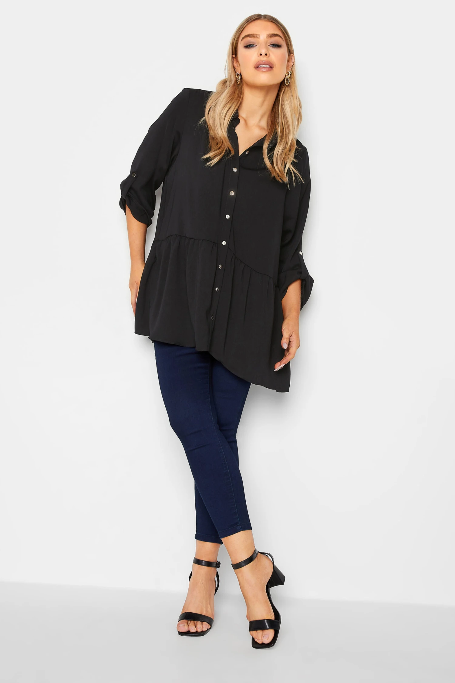 M&Co Black Frill Hem Tab Sleeve Shirt 2 M&Co Black Frill Hem Tab Sleeve Shirt - Image 2