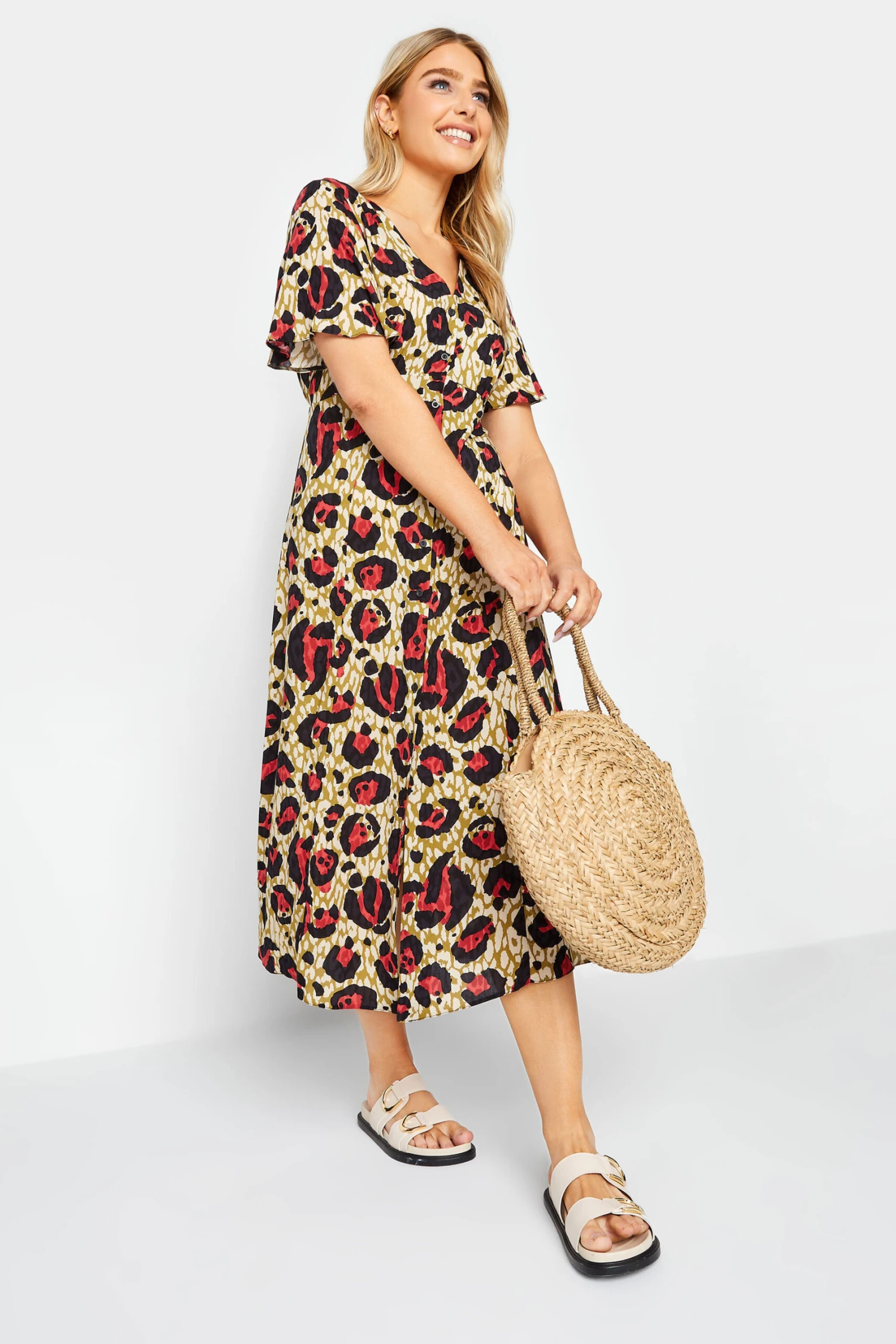 M&Co Natural Brown & Red Animal Print Midi Button Through Tea Dress 2 M&Co Natural Brown & Red Animal Print Midi Button Through Tea Dress - Image 2