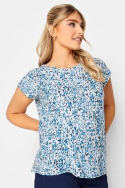 M&Co Sales Store 29 M&Co Blue Leopard Print Short Sleeve Cotton Blend Top
