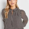 M&Co Black Geometric Print Tie Neck Blouse