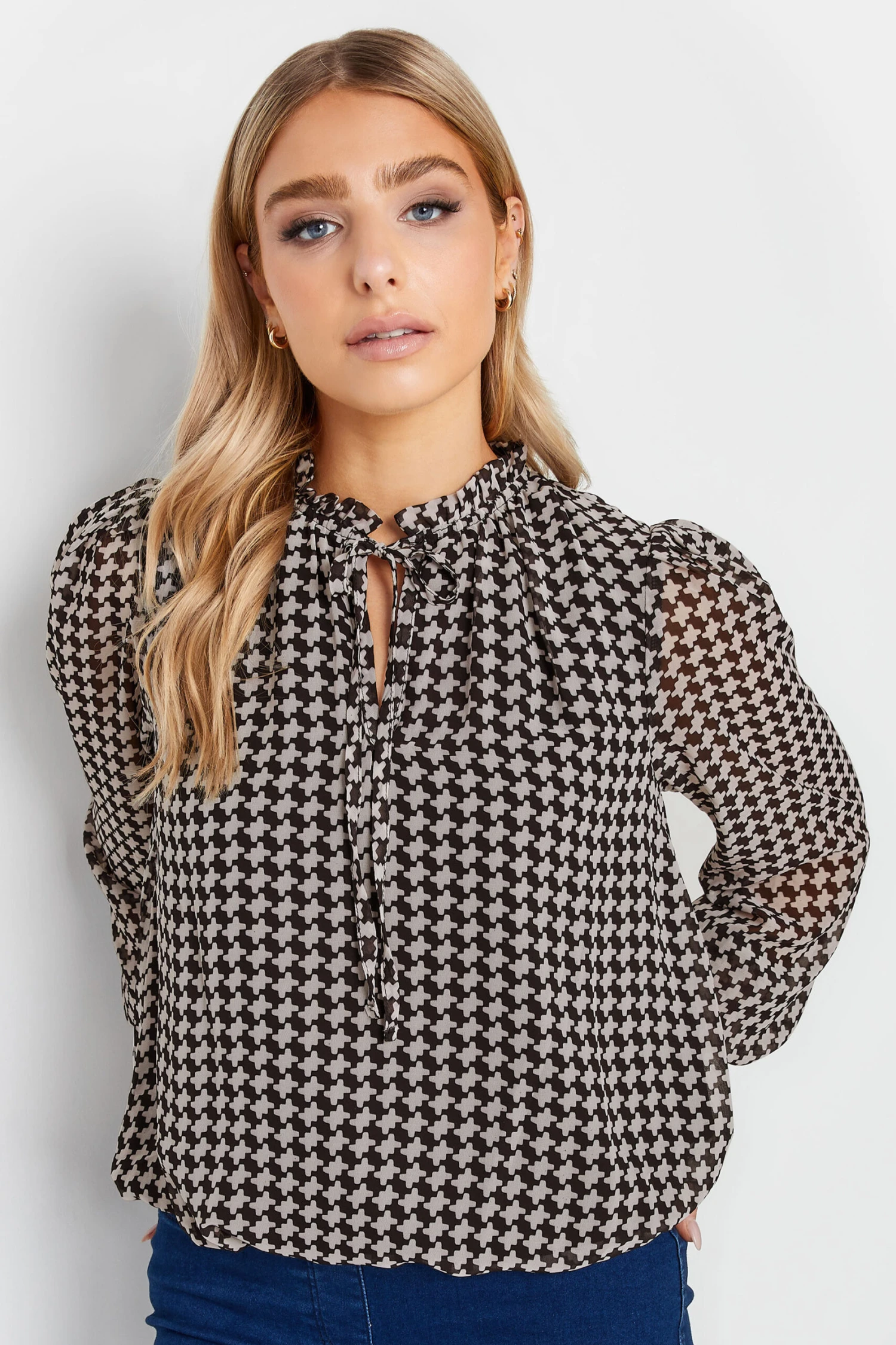 M&Co Black Geometric Print Tie Neck Blouse 1 M&Co Black Geometric Print Tie Neck Blouse