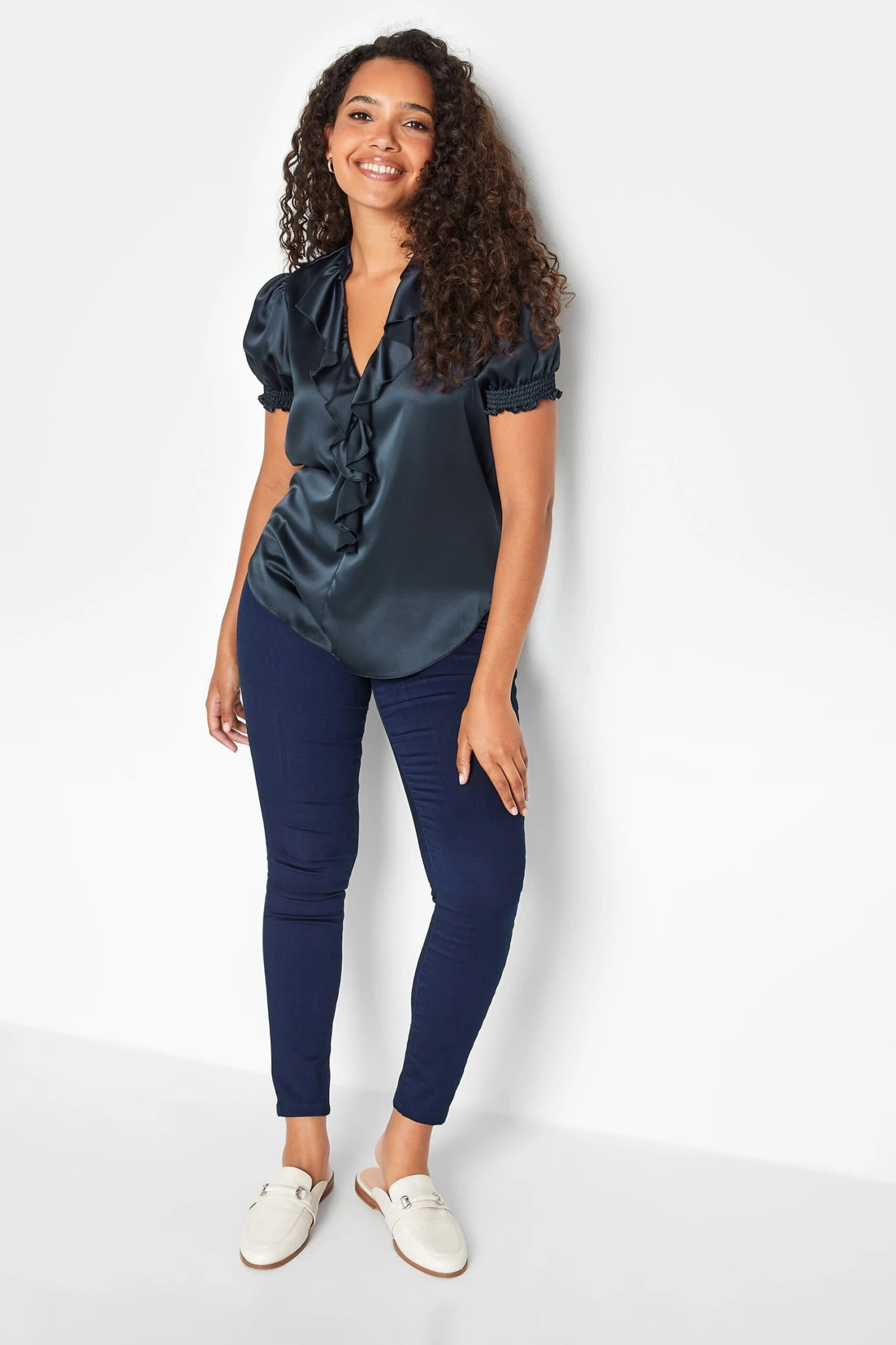 M&Co Navy Blue Frill Front Satin Blouse 2 M&Co Navy Blue Frill Front Satin Blouse - Image 2