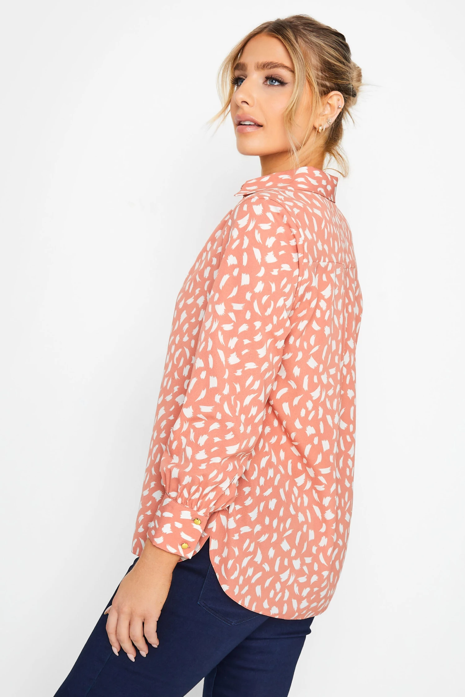 M&Co Pink Brush Stroke Print Half Placket Shirt 3 M&Co Pink Brush Stroke Print Half Placket Shirt - Image 3