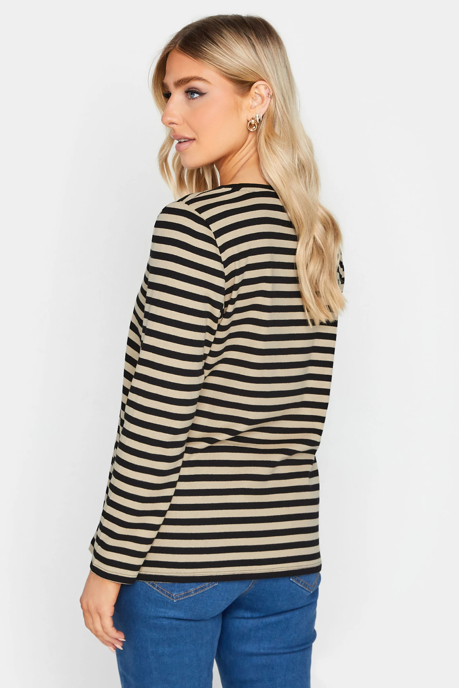 M&Co Beige Brown Stripe V-Neck Cotton Long Sleeve T-Shirt 3 M&Co Beige Brown Stripe V-Neck Cotton Long Sleeve T-Shirt - Image 3