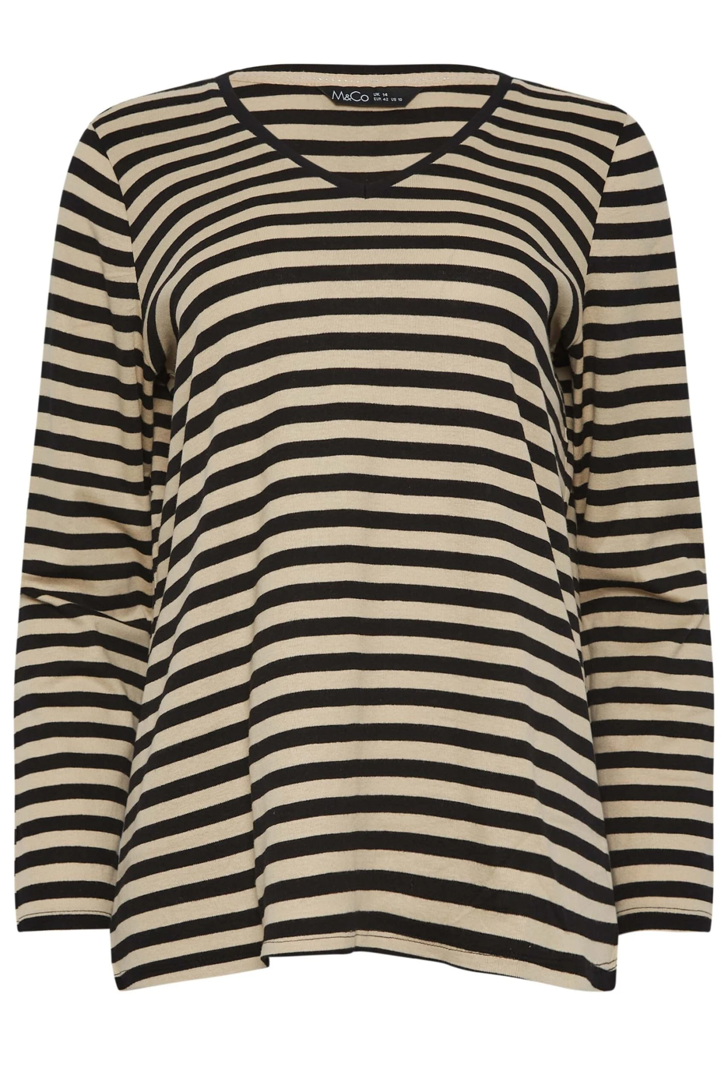 M&Co Beige Brown Stripe V-Neck Cotton Long Sleeve T-Shirt 6 M&Co Beige Brown Stripe V-Neck Cotton Long Sleeve T-Shirt - Image 6